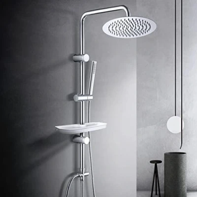 Image de Görbach Colonne de Douche Design Douchette Salle Bain Système Pluie Réglable Hauteur Ensemble Baignoire avec Étagère Tête Effet Universel Anti calcaire D25cm.