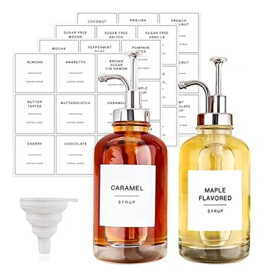 Image de JinsenTGG Lot de 2 Distributeurs Sirop à Café avec 36 étiquettes, Distributeur Pompes, Bouteilles Minimalistes en Verre d&#039;érable/café, Simples, 16,9 oz 500 ML (argenté)