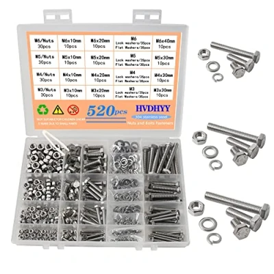 Image de HVDHYY Vis et Écrous M3 M4 M5 M6 a Tête Hexagonale DIN 933 A2 70 Filetées en Acier Inoxydable Rondelles Boulons 16 Tailles Avec Boîte de Rangement Réutilisable 520pcs