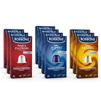 Image de Caffè Borbone Kit de Dégustation 100 Capsules en Aluminium: 40 Mia Napoli, 30 Ciao Venezia, Magica Palermo (10 paquets 10) Compatibles avec les machines à café usage domestique Nespresso*