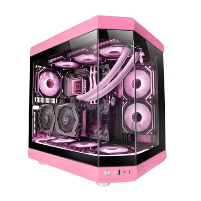 Image de Mars Gaming MC 3T, Boîtier Custom ATX, Triple Fenêtr Verre Trempé Continu, Refroidissement Liquide Complet, Double Caméra Latérale, 3x Slots PCI Verticaux, USB C et 3.0, Rose