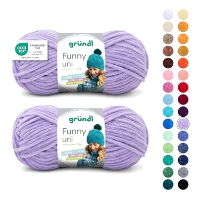 Image de Gründl Laine Funny unie Fil chneillais doux pour tricot et crochet 100% polyester 2 pelotes (100 g/120 m, taille des aiguilles : 5 6) Lavande