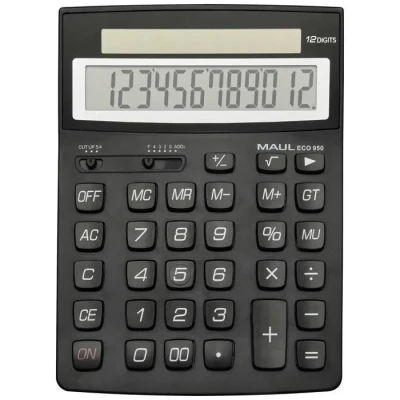 Image de MAUL Eco 950 Calculatrice Solaire à 12 Chiffres 21 x 15,5 3,3 cm (L l h) de Bureau pour Bureau, école Petite en Plastique recyclé 80% Noir