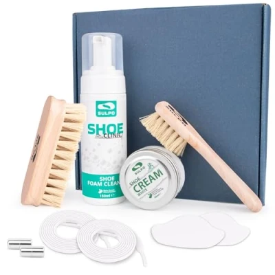 Image de SULPO Shoe Clinic Kit de nettoyage pour chaussures Nettoyant baskets blanches cirage avec brosses à et accessoires réparation, Blanc., Taille