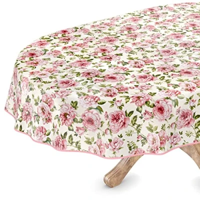 Image de Nappe en toile cirée lavable, ovale, avec ourlet, fleurs Nathalie, facile d&#039;entretien 140 x 200 cm