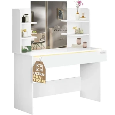 Image de Casaria Coiffeuse Lucia Blanc tiroir LED Table de Maquillage Miroir Chambre Dressing Rangement tioir 3 Compartiments