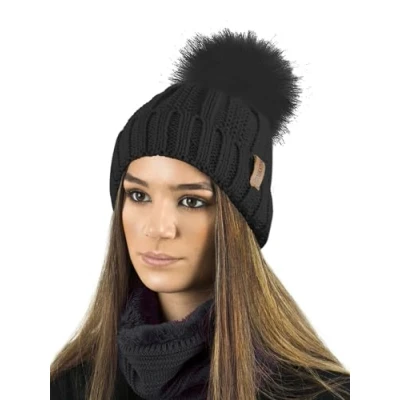 Image de TOSKATOK Dames Femmes Hiver Rib Seed Stitch Beanie Bobble Chapeau avec Doublure en Polaire Confortable Chaud et Fausse Fourrure Pom Taille Unique Noir