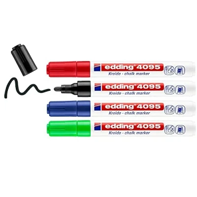 Image de edding 4095 Marqueur craie liquide noir, rouge, bleu, vert étui de 4 2 3 mm feutre effacable pour écrire sur les vitres,le verre ardoise aux couleurs opaques