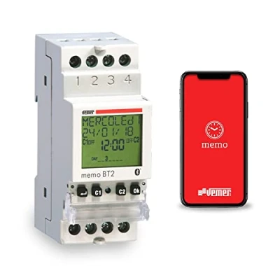 Image de VEMER VE767700 MEMO BT2 Interrupteur Numérique avec Programmation Horaire ou Astronomique, Minuterie Interface Bluetooth, APP Dédiée pour Smartphones et Tablettes, 2 Canaux, Blanc