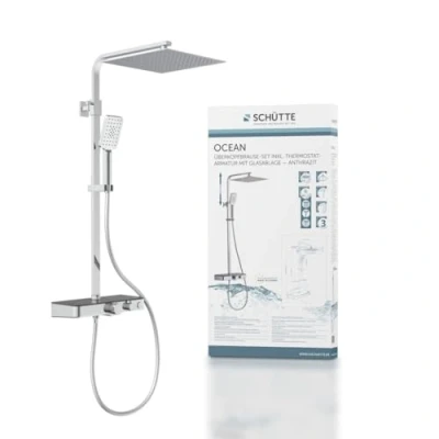 Image de Schütte Ocean Système Thermostat et étagère en Verre Ensemble 30 x cm, Effet Pluie avec Support Mural pommeau Colonne de Douche Chrome/Anthracite 60531, 350 1200 520 mm