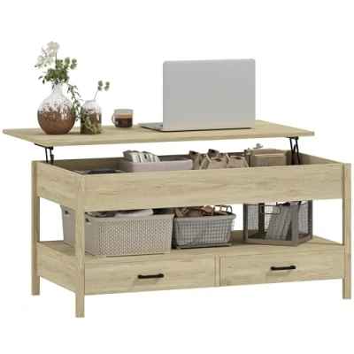 Image de Table basse relevable HOMCOM tiroirs et compartiment caché pour salon, bureau à domicile chêne