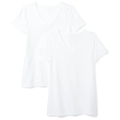 Image de Amazon Essentials T Shirt Col en v à Manches Courtes Coupe Classique Femme, Lot de 2, Blanc, XS