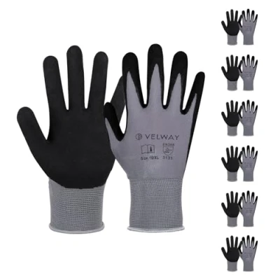 Image de Velway Gants de Travail Professionnels 6 Paires Enduction Gomme Nitrile Résistante à l&#039;Abrasion, Protection Industrielle Multiusage, Manutention et Mécanique, Taille XL/10