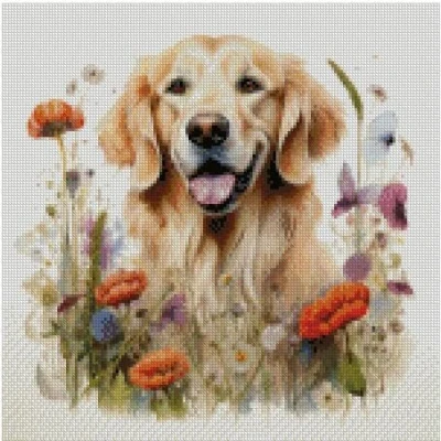 Image de Kit de broderie au point croix compté Motif chien en fleurs 100 % coton 150 x points 26 cm