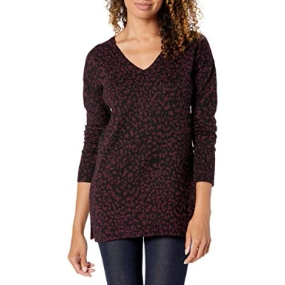 Image de Amazon Essentials Pull Tunique Léger À Manches Longues Et Col en v (Disponible Grande Taille) Femme, Noir Impriméanimaux, XL