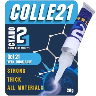 Image de SUPER GLUE Cyano gel Colle21 Flacon de 20g Colle cyanoacrylate extra forte Adhésif multi usage pour applications professionnelles ultra résistante bricolage et réparations