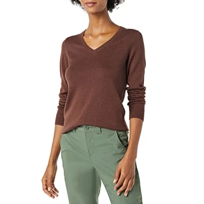 Image de Amazon Essentials Pull Col en v À Manches Longues Léger Coupe Classique (Grandes Tailles Disponibles) Femme, Brun Châtaigne Foncé Chiné, L