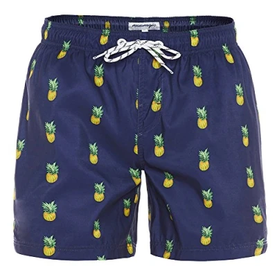 Image de MaaMgic Short de Bains Homme Maillot Bain Pants Court Sport Séchage Vite Bien pour Vacance a la Plage, Bleu Marine Ananas, Large(tour taille:84 89cm)