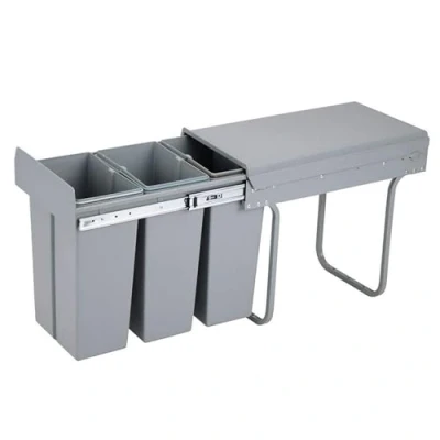 Image de Poubelle de recyclage pour meuble cuisine, poubelles sous évier 3 x 8 L, fixation inférieure et retrait manuel, bacs amovibles, avec couvercle