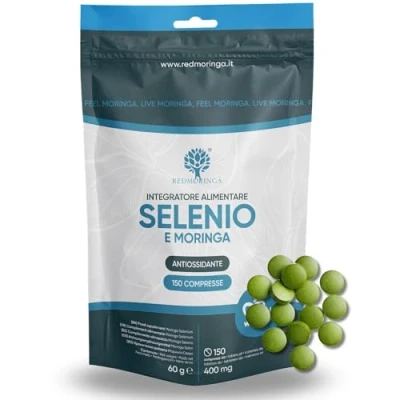 Image de Sélénium Végan et Moringa Bio, 150 Comprimés 100 µg Complément utile pour les Bienfaits Immunitaires, la Thyroïde, Cheveux, Ongles, Spermatogenèse Fabriqué en Italie RedMoringa (150)