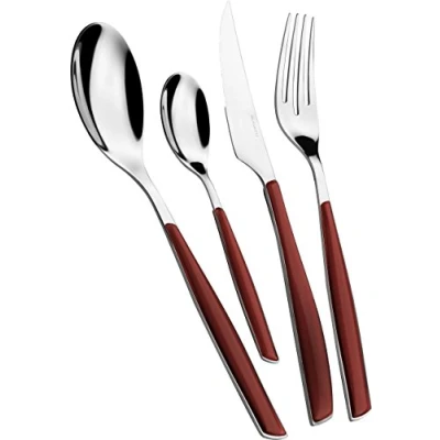 Image de BUGATTI, Glamour, Ensemble de 24 Couverts en Acier Inoxydable 18/10 et Manche Couleur Marsala. 6 Personnes: cuillères, fourchettes, Couteaux cuillères à café