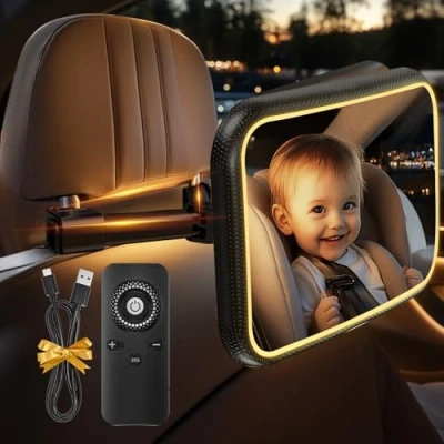 Image de Retroviseur Voiture Bebe Miroir Bébé avec Veilleuse LED et Télécommande, 360 Rotation Réglables Rétroviseur 100% Incassable Siège Arrière