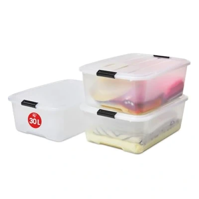 Image de Iris Ohyama, Boite Rangement Plastique avec Couvercle, 30L, Lot de 3, Transparent, Clips Fermeture, Poignée, Empilable, Portable, Solide &amp; Durable, pour Dressing, Garage, Chambre, Bureau, TB 30