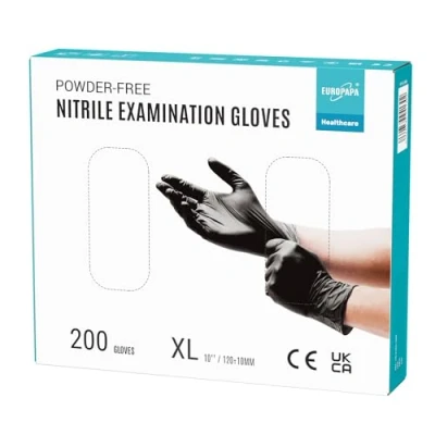 Image de EUROPAPA® Lot de 200 gants jetables en nitrile non poudrés EN455 EN374 Sans latex Tailles S, M, L et XL (XL, Noir)