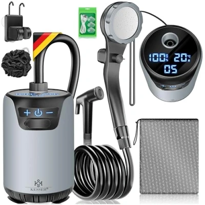 Image de KESSER® douche mobile de camping avec pompe et batterie rechargeable 4000 mAh Kit pommeau réglable, tuyau 2 m, pistolet pulvérisateur support
