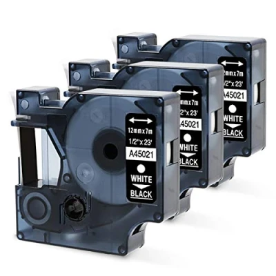 Image de Oozmas 45021 Ruban pour Étiqueteuse Compatible avec DYMO D1 Blanc sur Noir 12mm x 7m, Cartouche LabelManager LM160 LM210D LM260P LM280 LM360D LM420P, Pack de 3