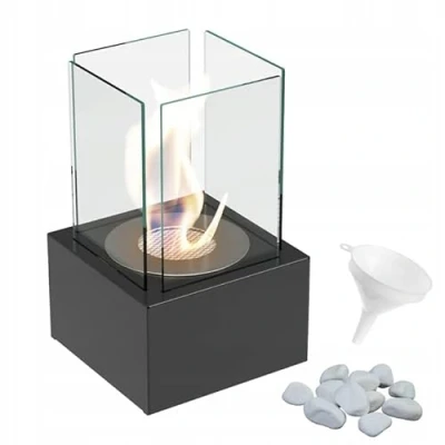 Image de KRATKI Tango1 Cheminée au bioéthanol + Galets décoratifs Entonnoir Réservoir Bio Autonome 0,2 L en Acier revêtu par Poudre certifié TÜV et 4 vitres de 32 x 20 cm Noir