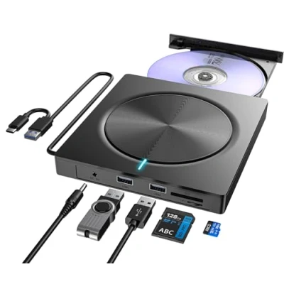 Image de Lecteur CD DVD Externe pour PC, USB 3.0 et C Graveur avec 2 Fente SD/TF, Optique Portable /+RW Drive, Windows/MacOS/Laptop/Desktop