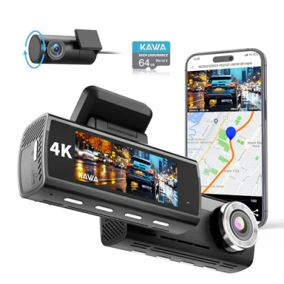 Image de KAWA Vrai Dash Caméra Avant et Arrière 4K, Carte 64 Go Gratuite, WiFi 2160P avec Sony Starvis IMX415, Double Dashcam GPS Intégré, Écran IPS 3,16, Vision Nuit, Mode Parking 24H, de Voiture.