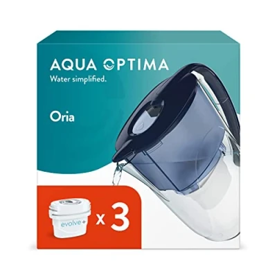 Image de Aqua Optima Oria Carafe Filtrante et 3 Cartouches Filtrantes Evolve+ 30 Jours, Capacité 2,8 litres, Pour la Réduction des Microplastiques, du Chlore, Calcaire Impuretés, Bleu