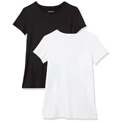 Image de Amazon Essentials T shirt à manches courtes et col rond Tech Stretch (disponible en grande taille) Femme, Lot de 2, Blanc/Noir, M