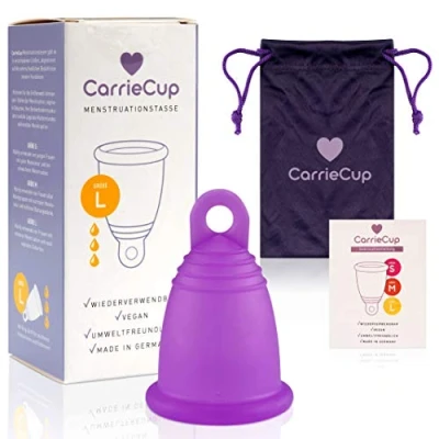 Image de Coupe menstruelle CarrieCup, de grande taille, made in Germany, sans BPA, alternative aux tampons et serviettes hygiéniques, silicone, avec sachet violet inclus