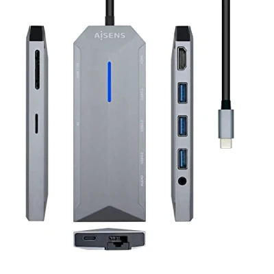 Image de Dock USB C 9 en 1 AISENS ASUC 9P001 GR Aluminium 100W PD 4K HDMI