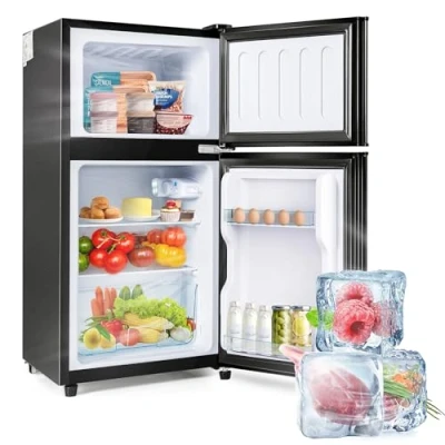 Image de Merax Réfrigérateur congélateur de 60 litres Double porte Capacité congélation : 22 Volume refroidissement 38 172 kWh/an Lumière LED qualité supérieure Noir