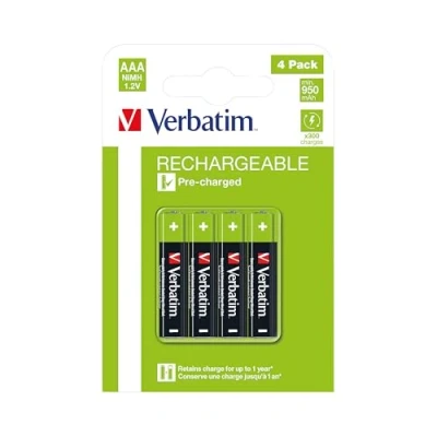 Image de VERBATIM Premium Lot de 4 Piles Rechargeables AAA 1.2V 950mAh NiMH HR03 Faible Auto décharge Pile Mignon pré chargée pour télécommandes Jouets Camera et Autres