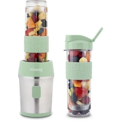Image de H.Koenig SMOO18 Mini mélangeur portable compact. 570 ml, sans BPA, 300 W, 2 bouteilles portables, 4 lames en acier inoxydable, vert pastel