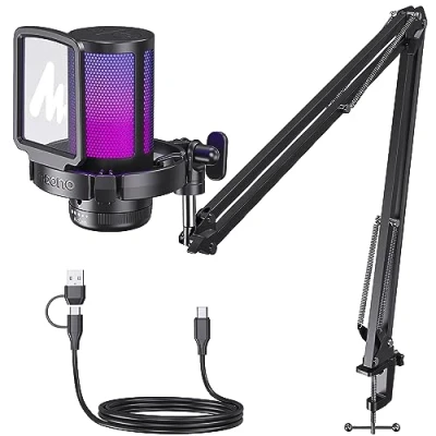 Image de MAONO USB Micro Gaming, RGB Condensateur Microphone avec réduction du Bruit/Muet/Gain/Moniteur/Bras Micro, pour Enregistrement, Streaming, Postcast, Discord, Ordinateur, Compatible Mac, PS4&amp;5