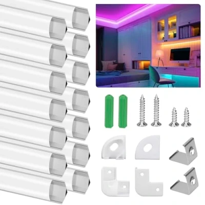 Image de Profile Aluminium LED Angle 45, 14 x 1M/3.3ft V Shape avec Couvercle Blanc laiteux Transparent, Embouts et Clips de Montage en Métal, Compact facile à couper installer pour Ruban (Argent)