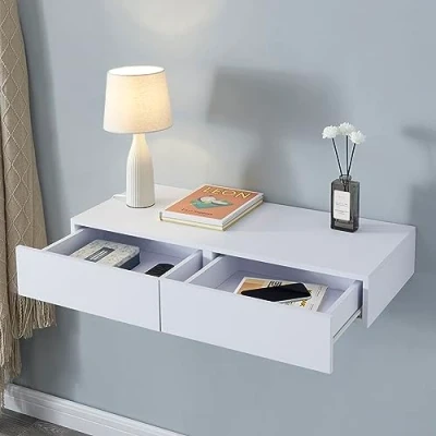 Image de [en.casa] Étagère Murale avec 2 Tiroirs Table de Chevet Nuit Flottante d&#039;Appoint Suspendue Espace Rangement MDF PVC 80 x 35 12 cm Blanc