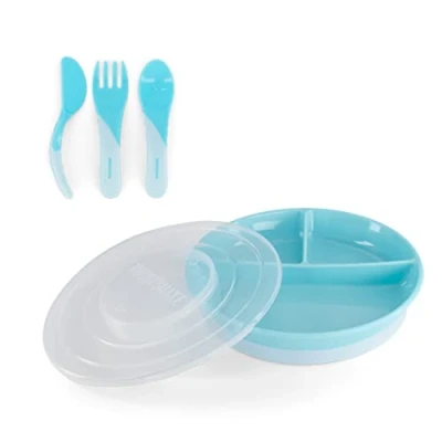 Image de Twistshake Set De Vaisselle Bébé Assiette Divisée + Couverts 6m+ Sans BPA Kit Formation Alimentaire Pour Enfants Bleu