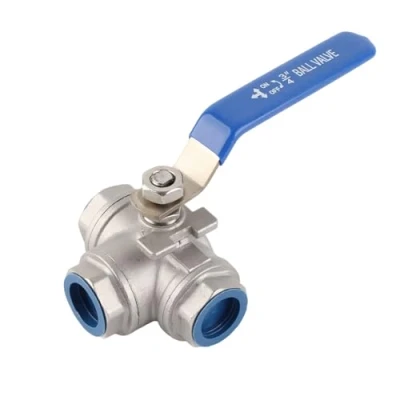 Image de Vanne à bille 3 voies en acier inoxydable SUS304 de la valve type T femelle 3/4&quot; DN20 avec poignée verrouillage vinyle