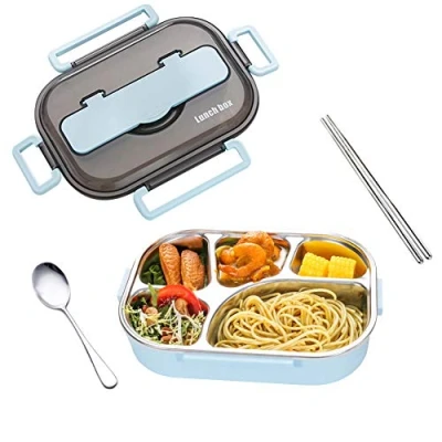 Image de amropi Bento Box Lunch en Acier Inoxydable avec 2/3/4/5 Compartiments Baguettes, cuillère pour Enfants Adultes, Passe au Lave Vaisselle (Bleu, 5 Compartiments)