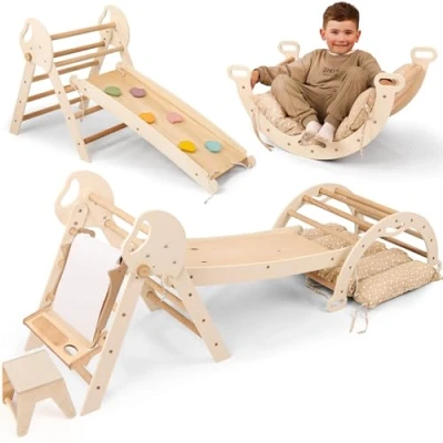 Image de Goodevas Montessori Kit d&#039;escalade 5 en 1 : triangle d&#039;intérieur, arche avec coussins, toboggan pour enfants et ajout d&#039;art, aire de jeux intérieure à 3 ans