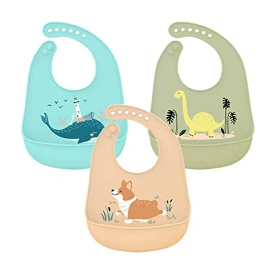 Image de Lot de 3 Bavoir en Silicone d&#039;alimentation étanche avec Ramasse miettes Facilement Lavable Super Doux Réutilisable pour Tout Petits Mangeant Vert