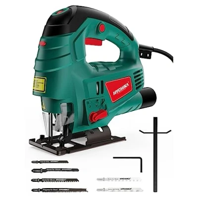 Image de HYCHIKA Scie Sauteuse 800W, Avec Moteur en Cuivre Puissant, 800 3000SPM Tours par Minute 7 Vitesses Variables, 0 3 Ensembles Orbitaux, 6 Lames de scie, Angle d&#039;inclinaison ±45 , Cordon 2 Mètres