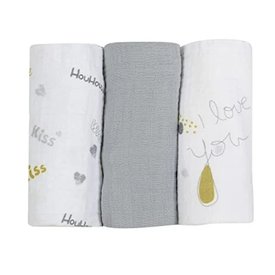 Image de Trois Kilos Sept Lot de 3 Langes bébé Carrés Mousseline Coton 70x70cm Multi usages: Couverture, Doudou, Bavoir, Protection Solaire Certificié Oeko tex Motif I Love You